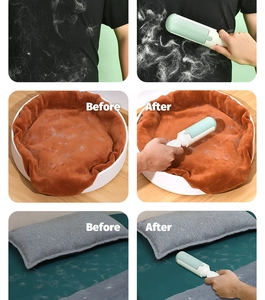 Dual-sided pet hair remover roller showing before and after cleaning effects on fabrics