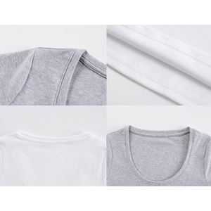 Close-up of U-neckline and double-stitched seams on white and gray cotton T-shirts