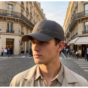 Close-up of a men's dark grey quick-dry sports cap worn outdoors showing side logo detail