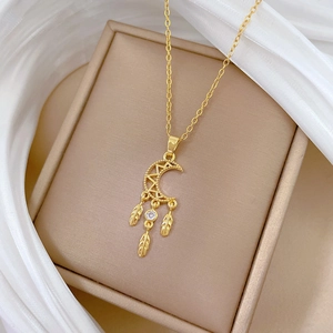 Elegant gold titanium steel dreamcatcher necklace with moon pendant and tassel