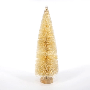 Mini beige cedar tabletop Christmas tree with fake snow frosting on a wooden base