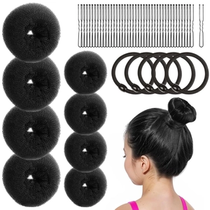 Hair styling set including black sponge buns, elastic bands, and U-shaped hairpins
