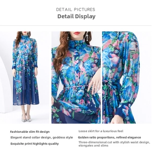 Dettaglio del vestito lungo a fiori con collo alto e maniche a lanterna vintage