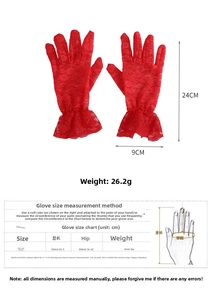 Size chart showing dimensions and mesh floral lace details of summer sun protection gloves