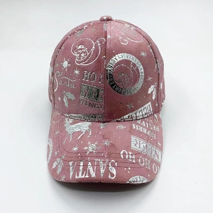 Detail der rosa Samt-Baseballkappe mit silbernen Weihnachts- und Rentier-Prints