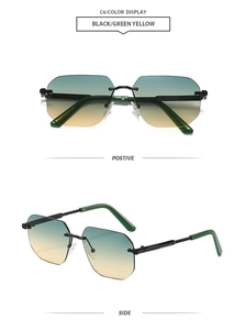 Detail view of M5227 rimless square sunglasses with black-green arms and gradient lenses