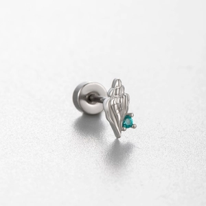 Silver shell stud earring with blue gemstone inlay and titanium steel flat back screw