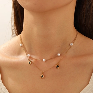 Double Layer Necklace Stainless Steel Gold Plated Faux Artificial Pearl Star Moon Heart Shell Pendant Elegant Jewelry Women