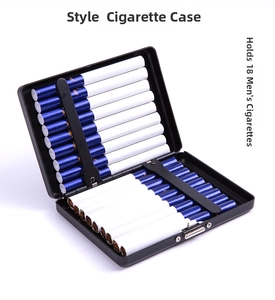 Detail view of the open black aluminum cigarette case showing dual-sided 18-stick capacity
