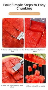 Detailed four-step guide for using the stainless steel watermelon slicer and fork tool