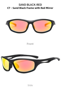 Detail view of sand black frame and red mercury lenses of C7 sports polarized sunglasses