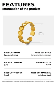 Macro detail of adjustable gold stainless steel ring with 1.8cm heart-shaped geometric patterns