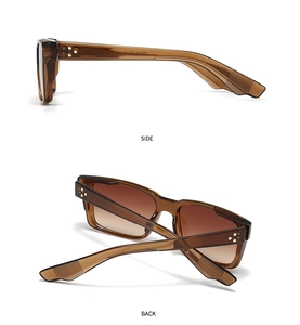 Detail of translucent tea-colored frame sunglasses showing side and back view with metal rivets