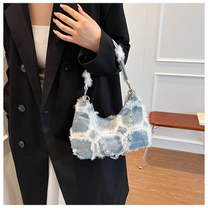 Detail of denim handbag with white plush trim and thick transparent acrylic chain strap