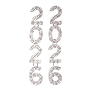 Exaggerated silver-tone drop earrings featuring 2026 numeric design with sparkling crystals
