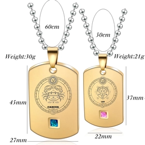 Macro detail of gold stainless steel zodiac necklaces showing cancer and leo pendant sizes