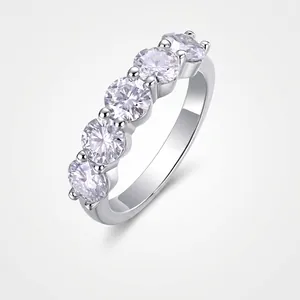 Moissanite Ring S925 Sterling Silver Round Brilliant Cut Three Stone Row Band For Women Engagement Wedding Fashion