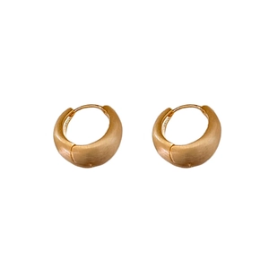 Minimalist geometric matte gold hoop earrings with brushed metal finish and round design