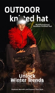 Close-up of gray knitted hat with built-in LED light worn for outdoor night camping