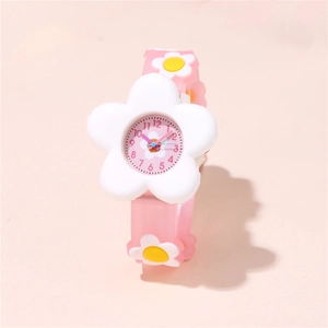 Cute Sweet Flower Pattern Kids Watch Pink Blue Silicone Strap Analog Quartz Wristwatch Student Gift For Girls