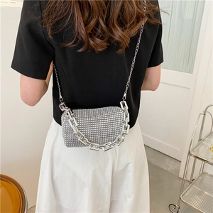 Sparkly silver rhinestone mini pillow bag with metal chain shown on model back