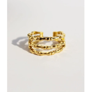 Elegant gold three-layer bamboo joint adjustable open ring for women on white background