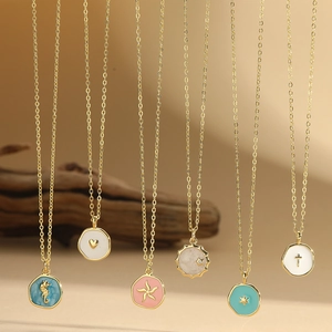 Copper Pendant Necklace Enamel Drip Oil Heart Star Seahorse Cross Gold Plated Minimalist Clavicle Chain Jewelry For Women