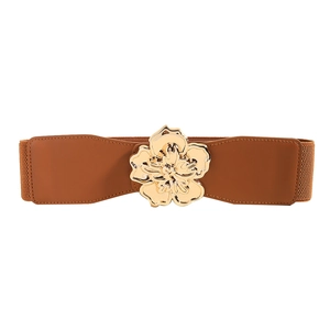 Ceinture élastique marron pour femme avec boucle fleur dorée élégante et détails en cuir