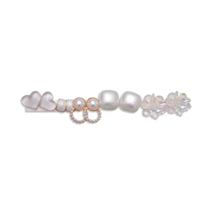 Elegant white pearl hair clip set featuring heart, flower and geometric resin designs
