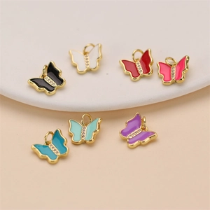 Colorful enamel butterfly pendants with crystal inlay for DIY jewelry making