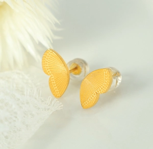 French vintage 18k gold plated titanium steel butterfly stud earrings with matte texture