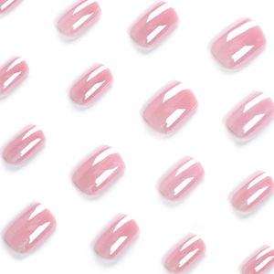 Glossy pink short square press on nails arranged in diagonal rows on white background