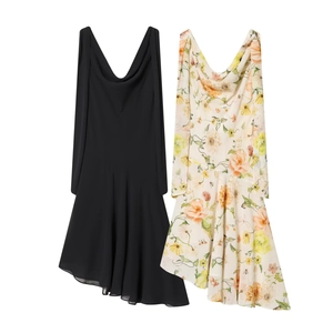 Robes midi élégantes sans manches avec col bénitier asymétrique en noir et motif floral