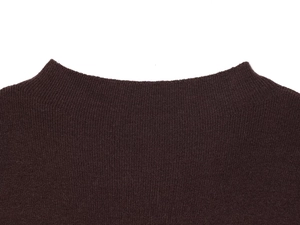 Detail of high-density knit rib neckline on a slim fit sweater in dark coffee brown