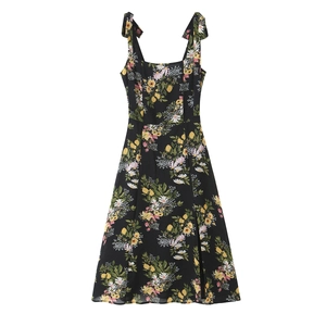 Floral Print Camisole Kleid Polyester Eckiger Ausschnitt Bindegurte Gesmokter Rücken Seitenschlitz Sexy Sommer Ärmellos