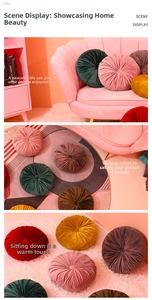 Detailed view of handmade pleated velvet round pillows on sofa and textured carpets