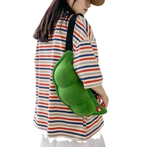 Cute green plush pea pod shaped crossbody bag for women with adjustable strap