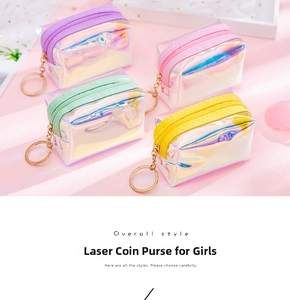 Detail of four holographic mini PVC wallets featuring colorful zippers and metal keychains