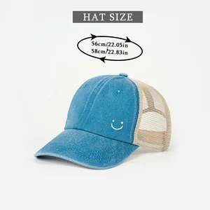 Size chart showing head circumference 56-58cm for the embroidered smiley mesh baseball cap