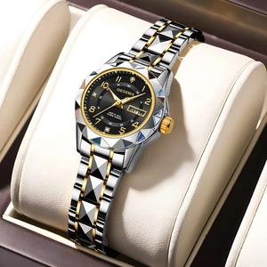 Women's dual-calendar watch with black diamond dial and two-tone metal link strap