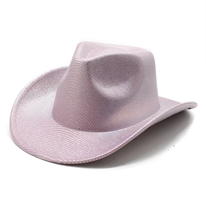 Close-up of pink shiny laser sequin western cowboy hat with metallic texture and wide brim