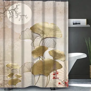 Tenda da doccia nordica con foglie di ginkgo dorate e stampa di fiori di prugno