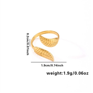 Detailed view of golden leaf open ring with 0.2cm width and 1.9cm diameter specs
