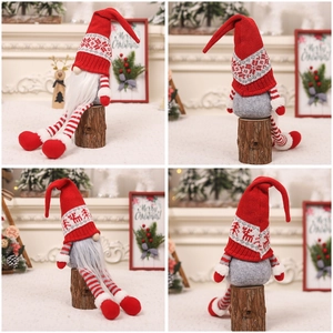 Four-angle view of long-legged Christmas gnome with red knit hat and white beard
