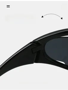 Macro detail of the durable high-gloss black hinge on sports Y2K wrap sunglasses