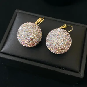 Colorful spherical hoop earrings with multi-color rhinestones and gold metal base