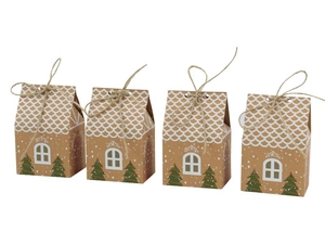 Detailed view of gingerbread house Christmas treat boxes made of kraft paper with twine