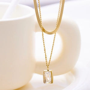 Double-layer 18k gold plated snake chain necklace with rectangular zircon crystal pendant