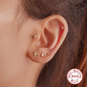 S925 sterling silver opal stud earrings with gold finish and zircon butterfly design