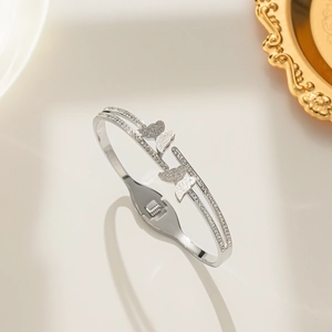 Minimalist silver titanium steel double butterfly bangle with sparkling crystal pave